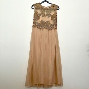 Candalite Petite gold-beige tulle prom dress with gold embroidery size S petite